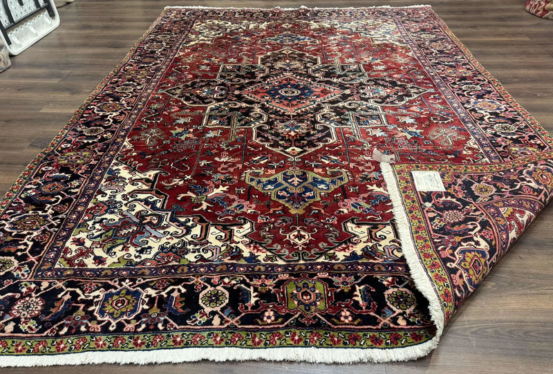 Antique Persian Heriz Rug 8x11, Geometric Tribal Wool Carpet, Brick Red by Jewel Rugs