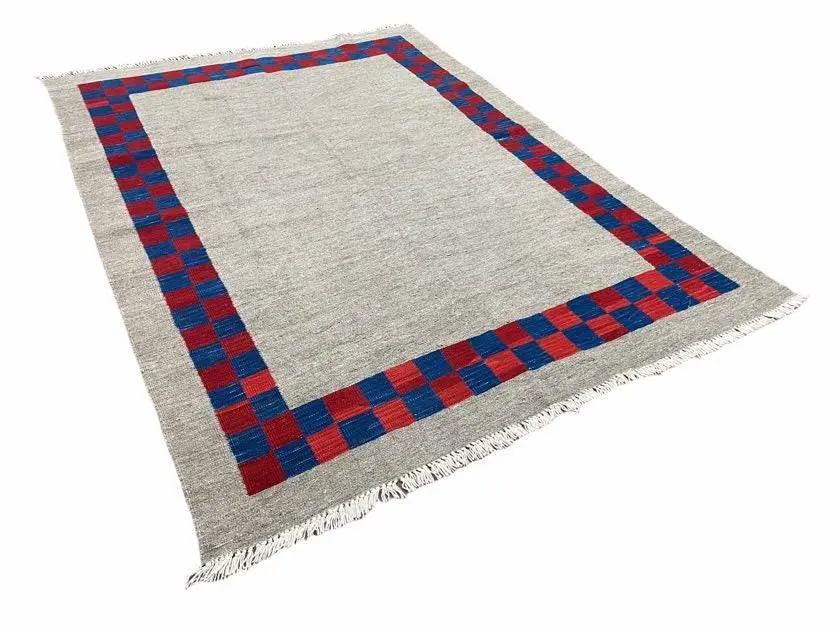 5' 7" x 7' 9" Geometric Kilim Carpet, Gray, Handmade, Hand-Knotted Area Rug, Blue & Red, Flatweave, Wool, New, Checkerboard Pattern by Jewel Rugs