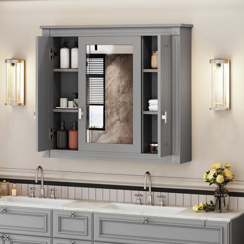 Wall Mounted Bathroom Cabinet With Mirror And 4 Shelves, Rectangular Design - Gray by Unique Piece Furniture