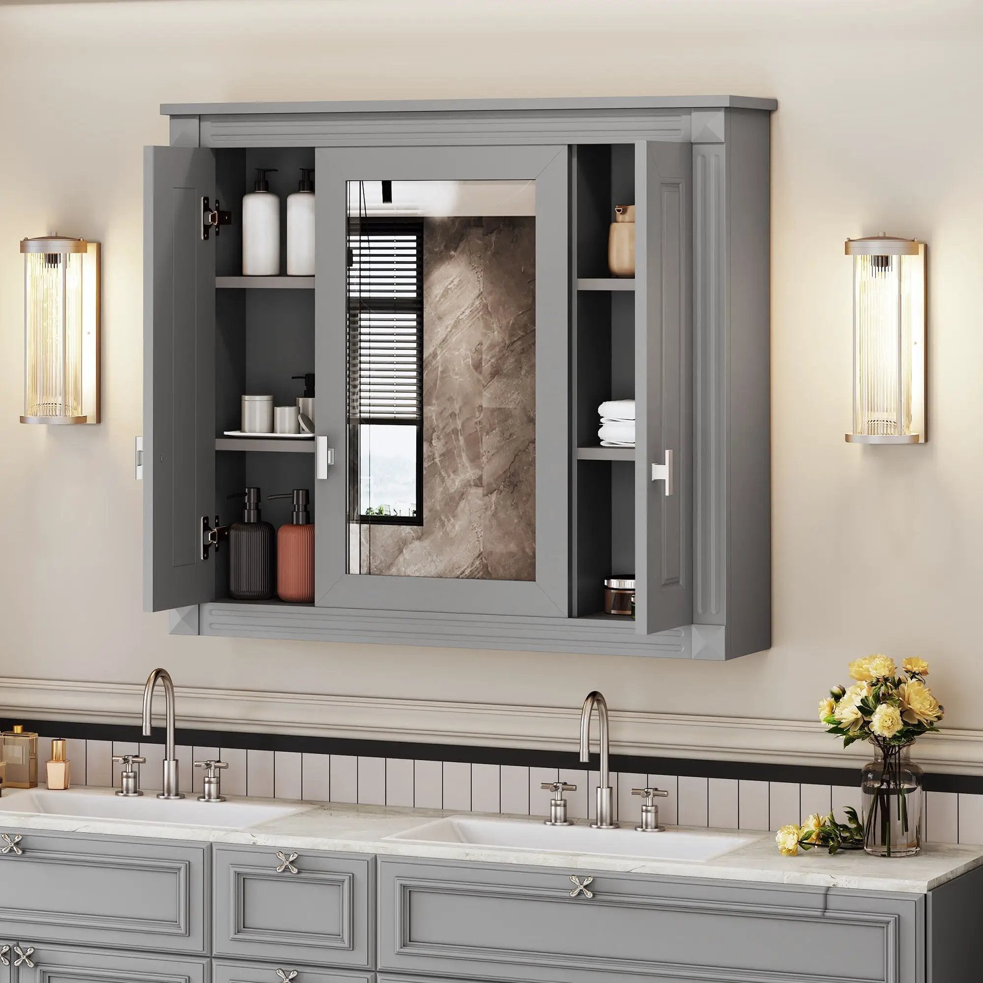 Wall Mounted Bathroom Cabinet With Mirror And 4 Shelves, Rectangular Design - Gray by HouseOfZazla