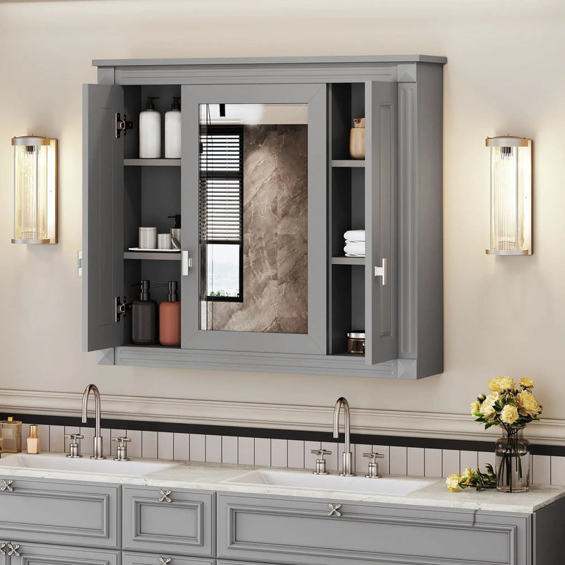 Wall Mounted Bathroom Cabinet With Mirror And 4 Shelves, Rectangular Design - Gray by HouseOfZazla
