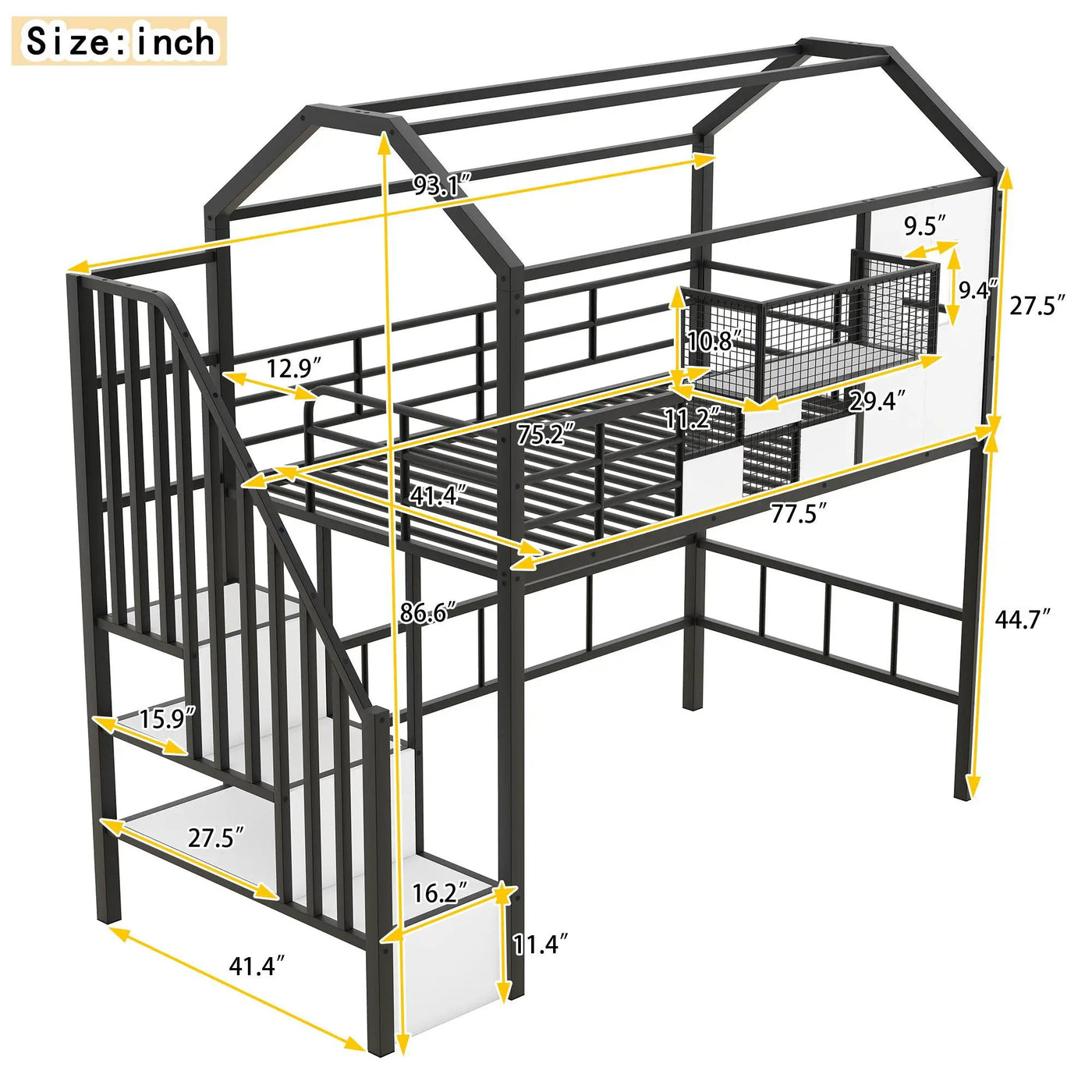 Metal Loft Bed With Roof Design And Storage Box With Guardrails And Integrated Ladder by Unique Piece Furniture