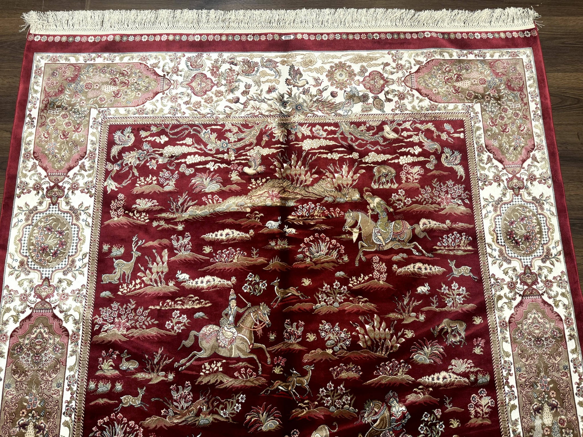 Turkish Silk Hunting Scene Rug 5 x 7.6, Red & Ivory, Bamboo Silk, New by Jewel Rugs