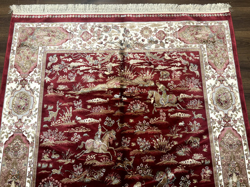 Turkish Silk Hunting Scene Rug 5 x 7.6, Red & Ivory, Bamboo Silk, New by Jewel Rugs