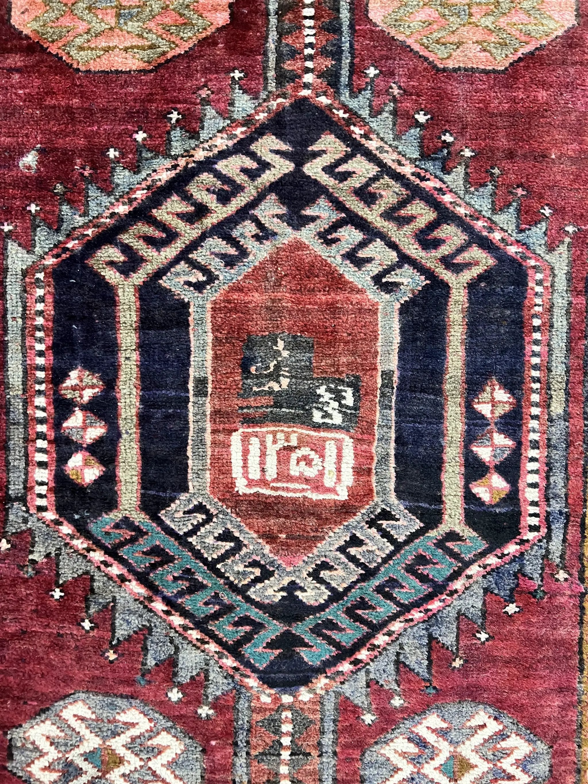 Persian Heriz Runner Rug 3.8 x 8.6, Geometric Design, Large Triple Medallions, Hand Knotted Handmade Vintage Wool Hallway Rug, Red by Jewel Rugs
