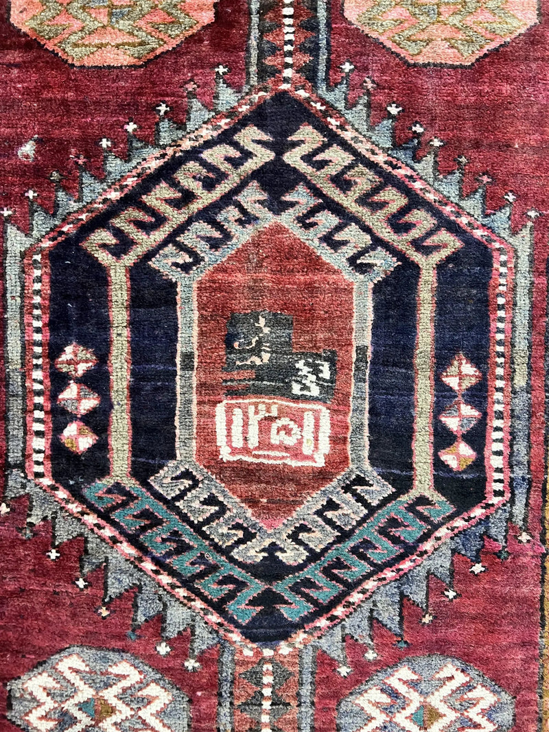 Persian Heriz Runner Rug 3.8 x 8.6, Geometric Design, Large Triple Medallions, Hand Knotted Handmade Vintage Wool Hallway Rug, Red by Jewel Rugs