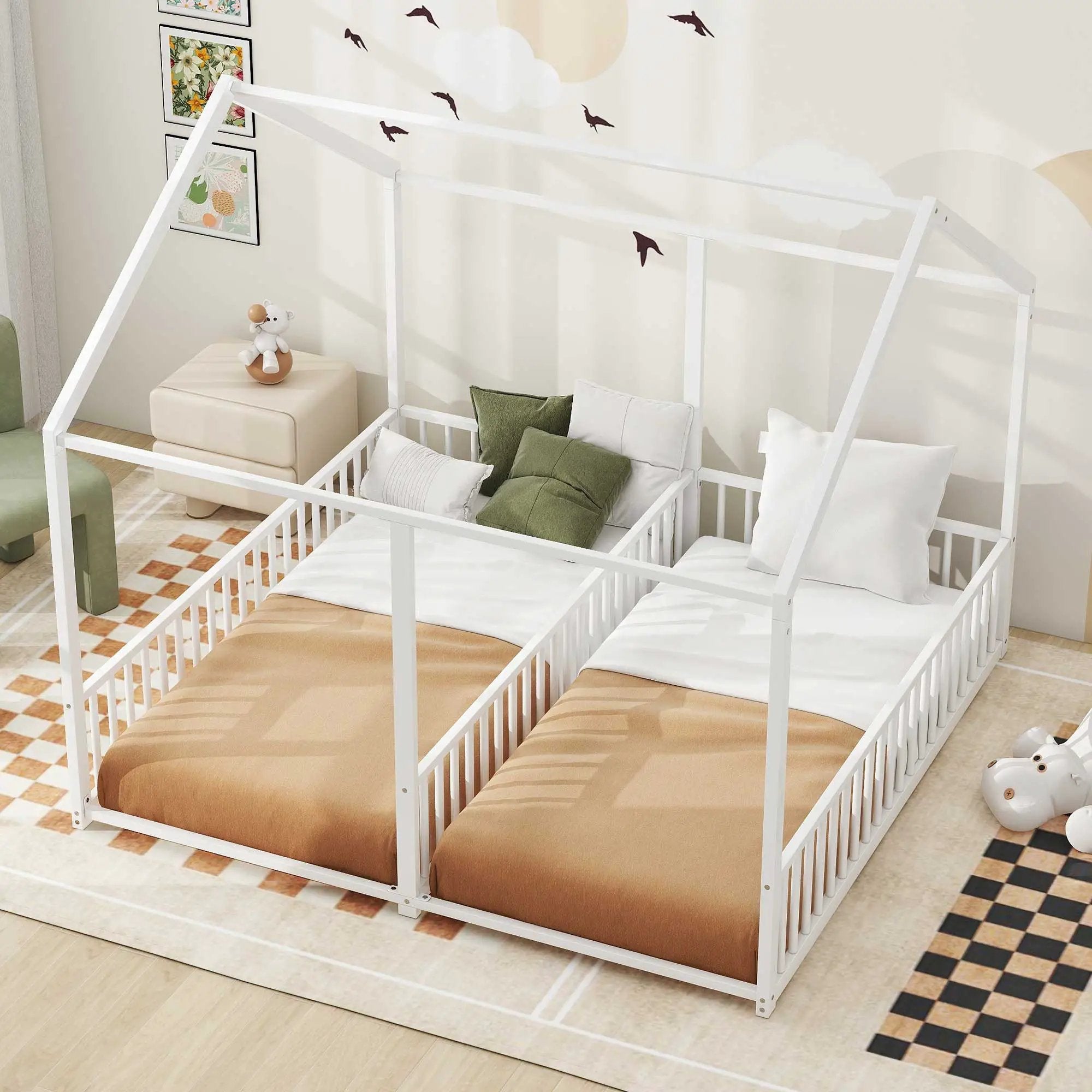 Metal Twin Size House Platform Beds 2 Shared Beds - Antique White by Unique Piece Furniture