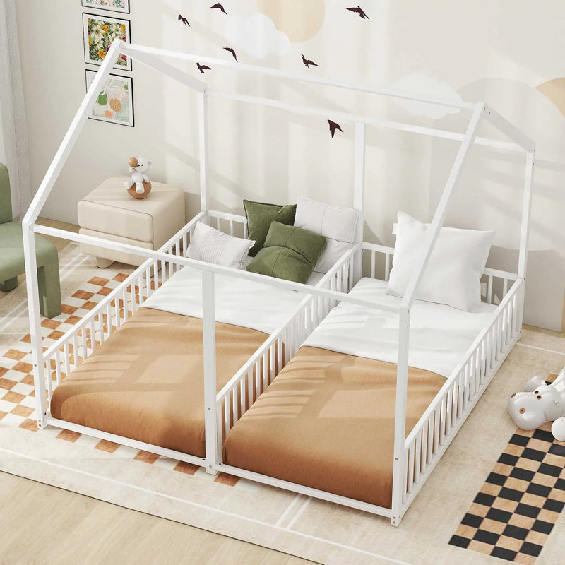 Metal Twin Size House Platform Beds 2 Shared Beds - Antique White by HouseOfZazla