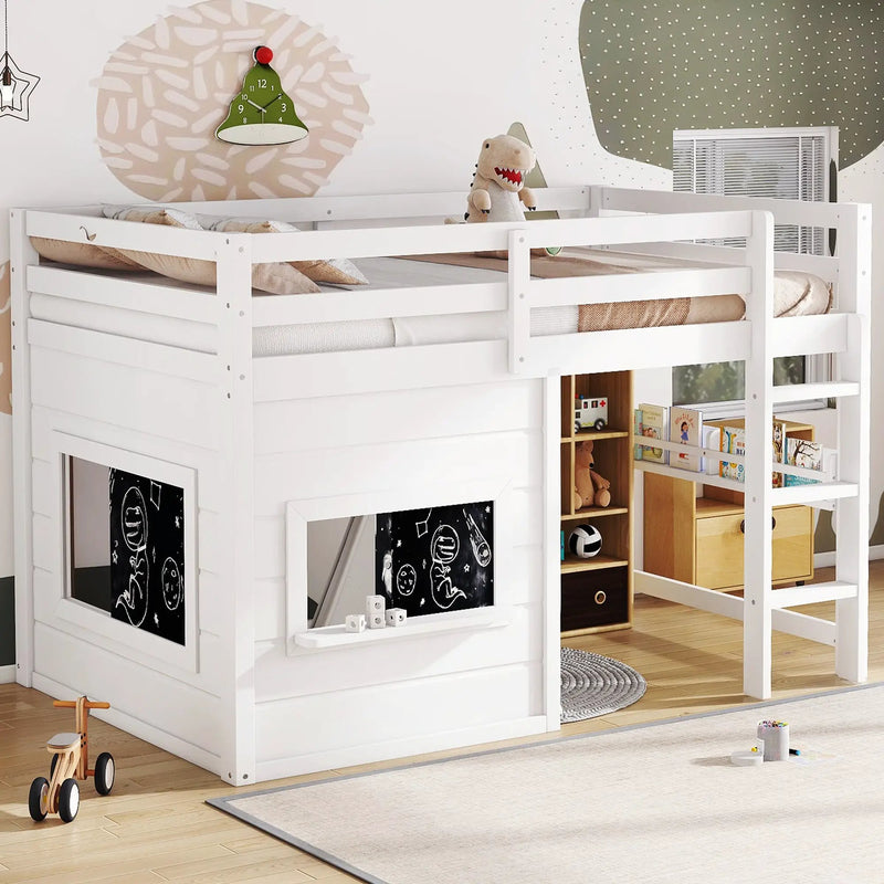 Twin Size Loft Bed With Sliding Chalkboard & Bookshelf by HouseOfZazla