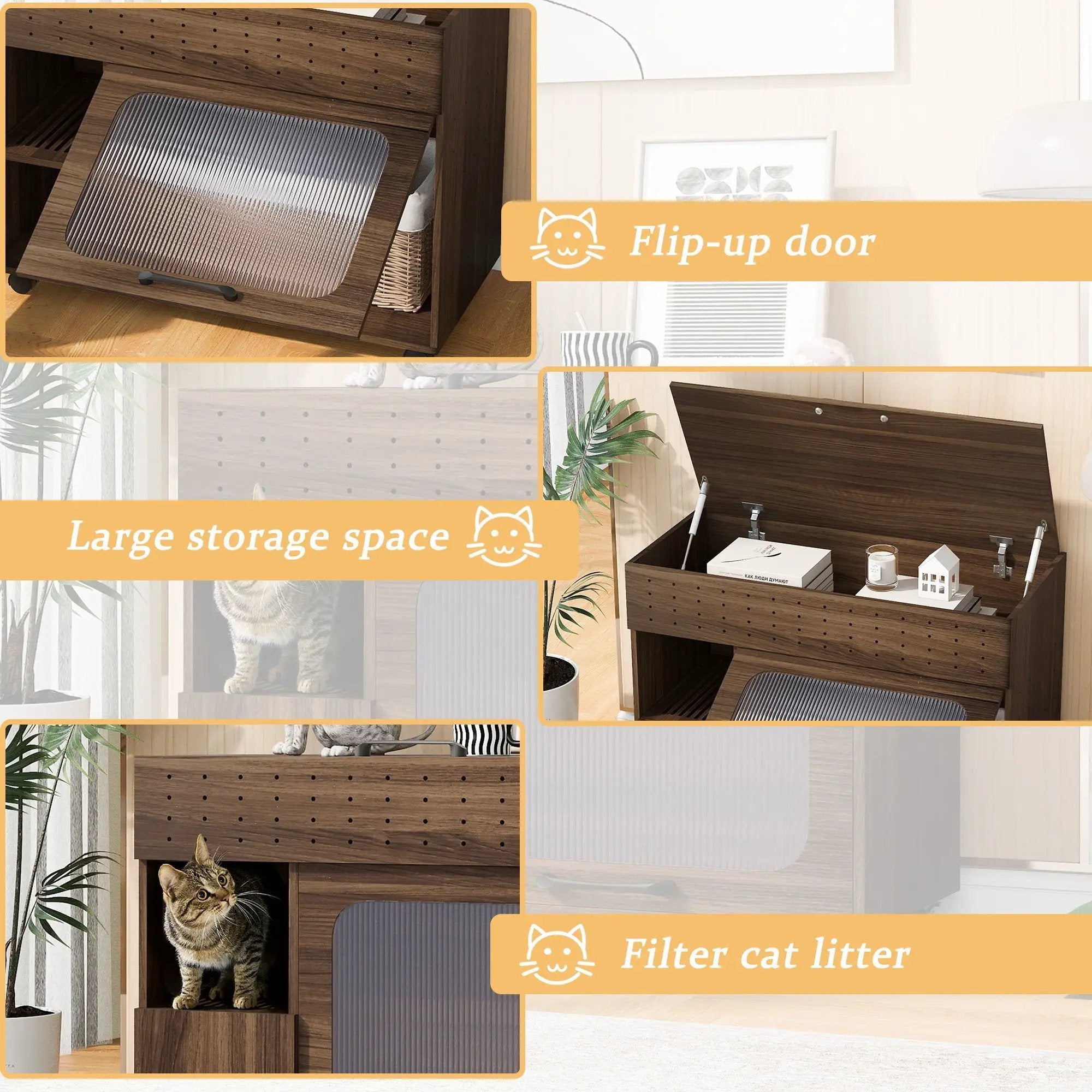 Furniture Style Multi Use Cat Litter Box House With Storage - Walnut