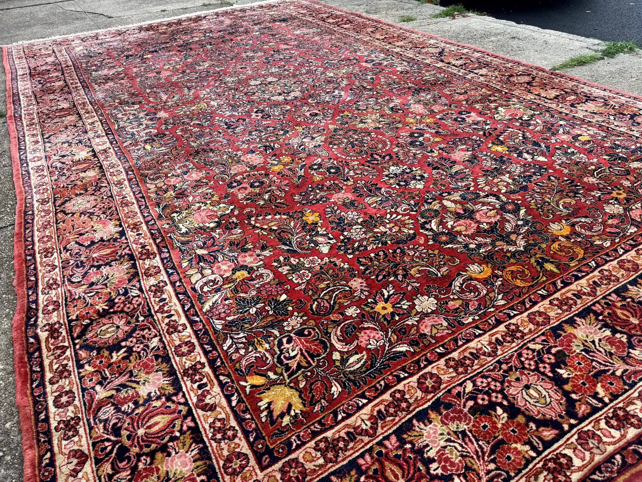 Large Antique Persian Sarouk Rug 11x18, Red, Floral Allover, Palace Size Wool Handmade Carpet by Jewel Rugs
