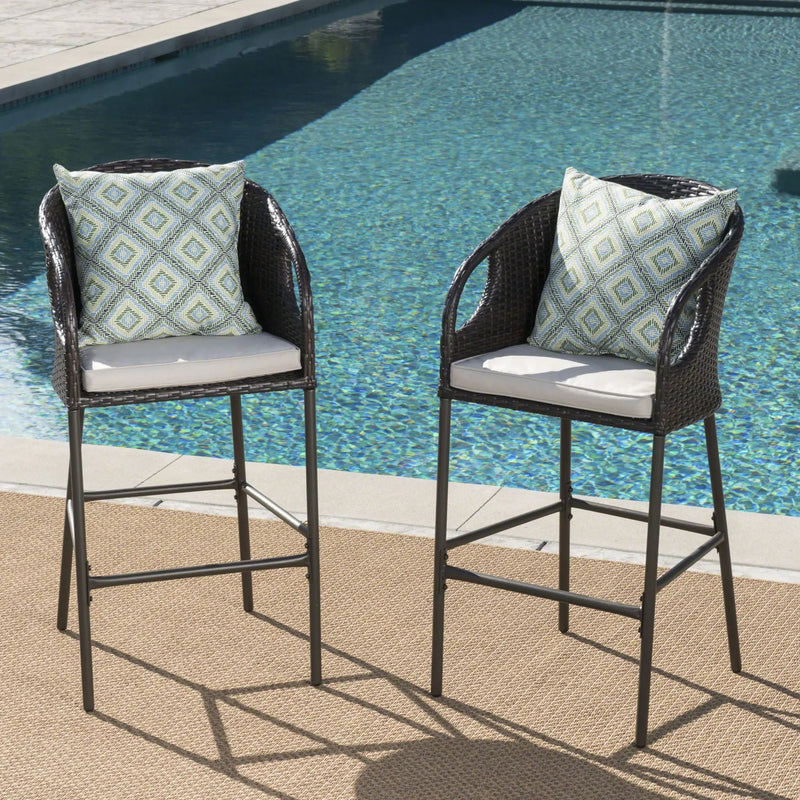 Outdoor 31" Rattan Barstools With Waterproof Cushions (Set of 2) - Multi Brown by HouseOfZazla