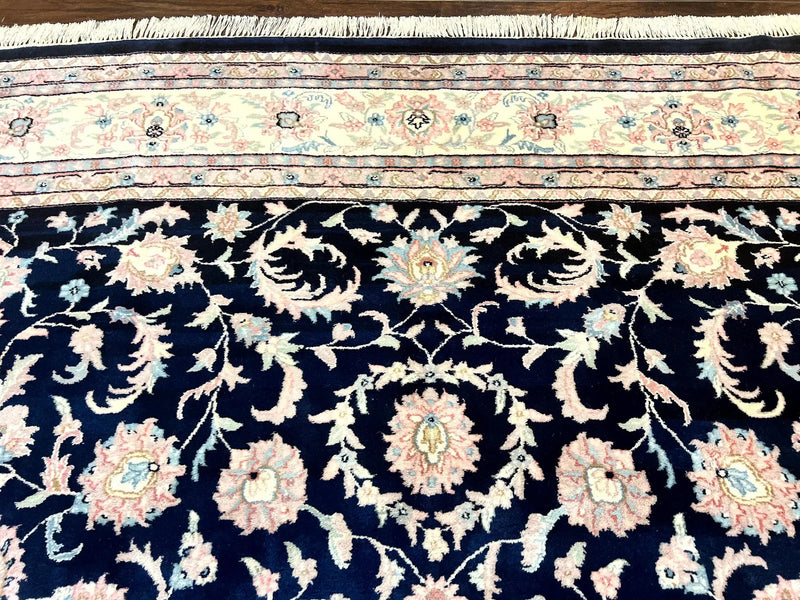 Indo Persian Rug 9x12, Navy Blue and Ivory/Cream, Floral Allover, Wool Vintage Handmade Carpet by Jewel Rugs