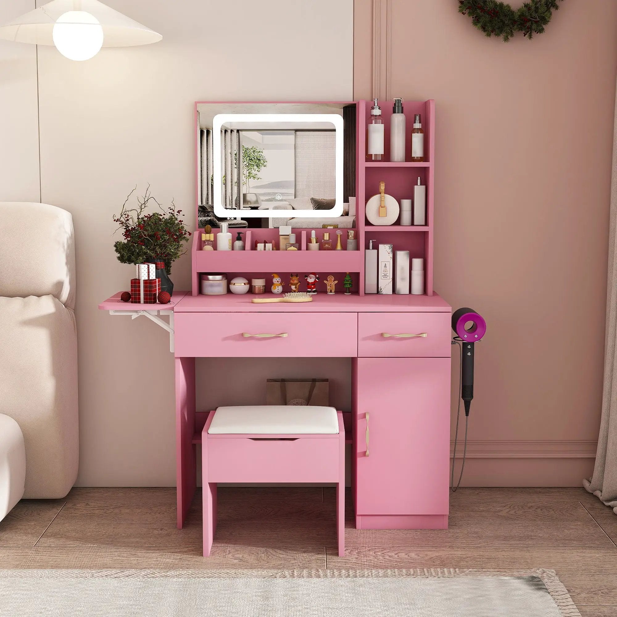 Vanity Desk With LED Mirror Lights And Power Outlet Charging Station, 3 Drawers, 7 Shelves, Storage Stool - Pink by Unique Piece Furniture