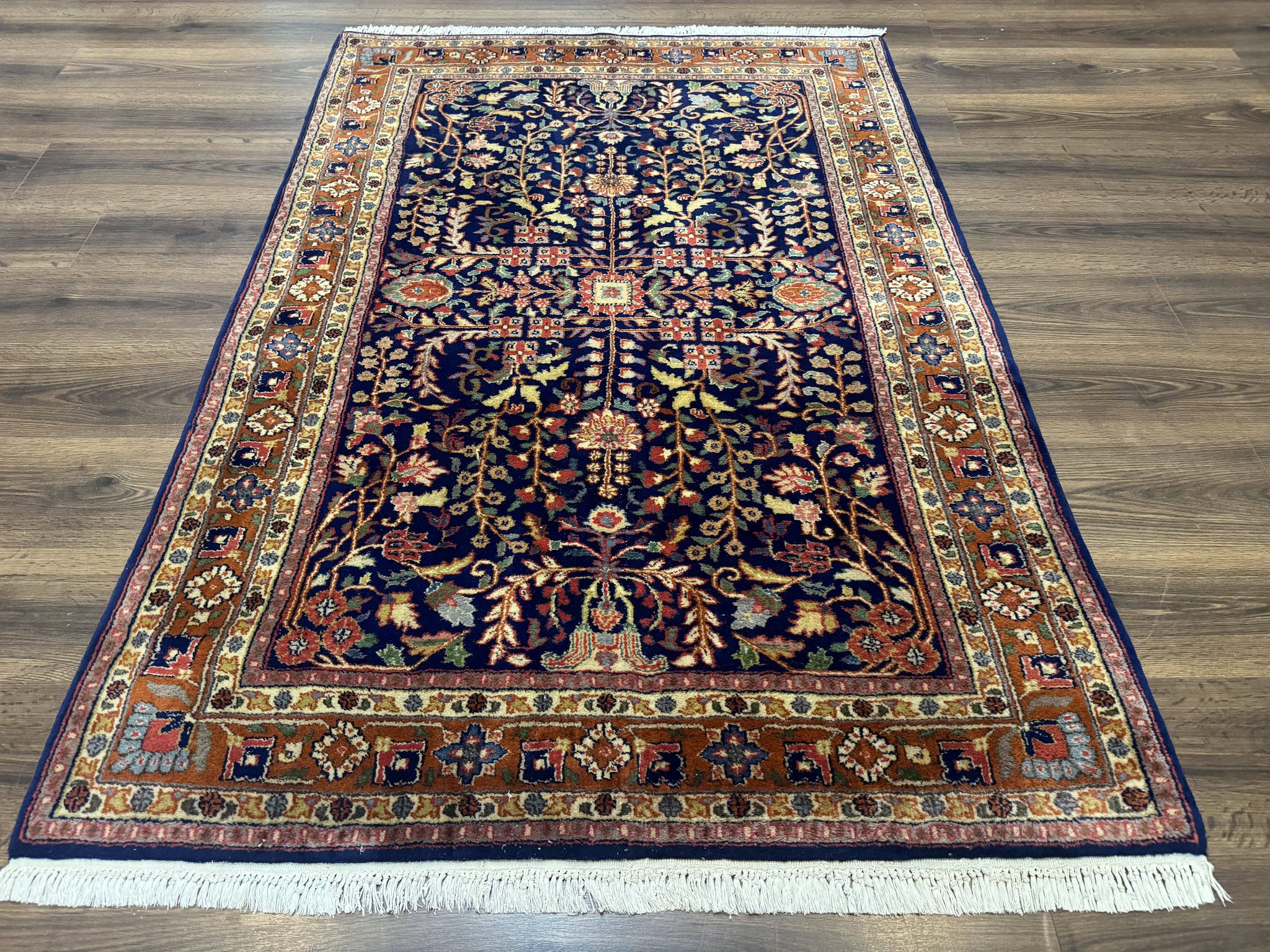 Indo Persian Sarouk Rug 4x6, Blue and Rust Red by Jewel Rugs