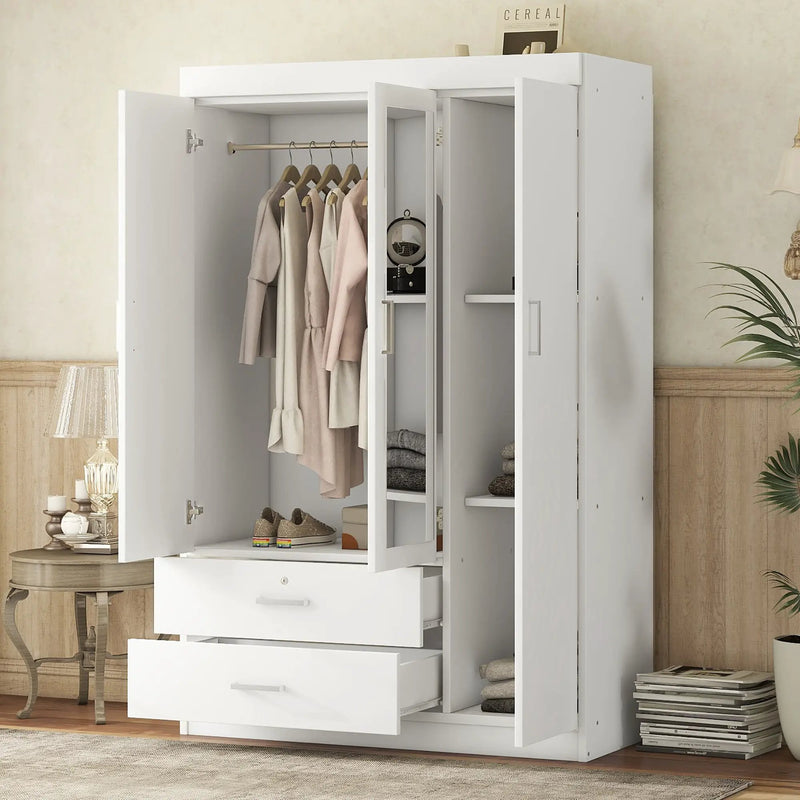 3-Door Mirror Wardrobe with Shelves, White by HouseOfZazla