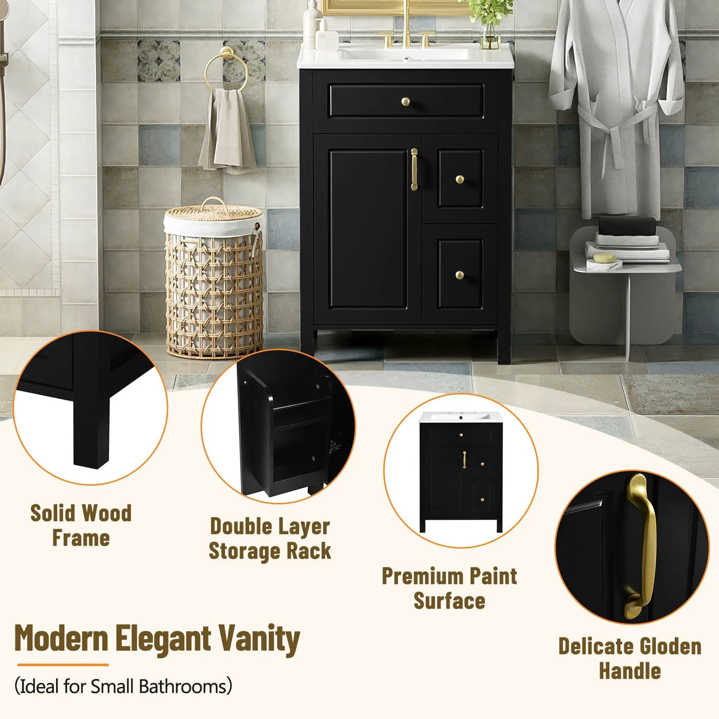 Elegant Bathroom Vanity With Ceramic Sink, Soft Close Doors And Drawers, Double Storage Racks by Unique Piece Furniture