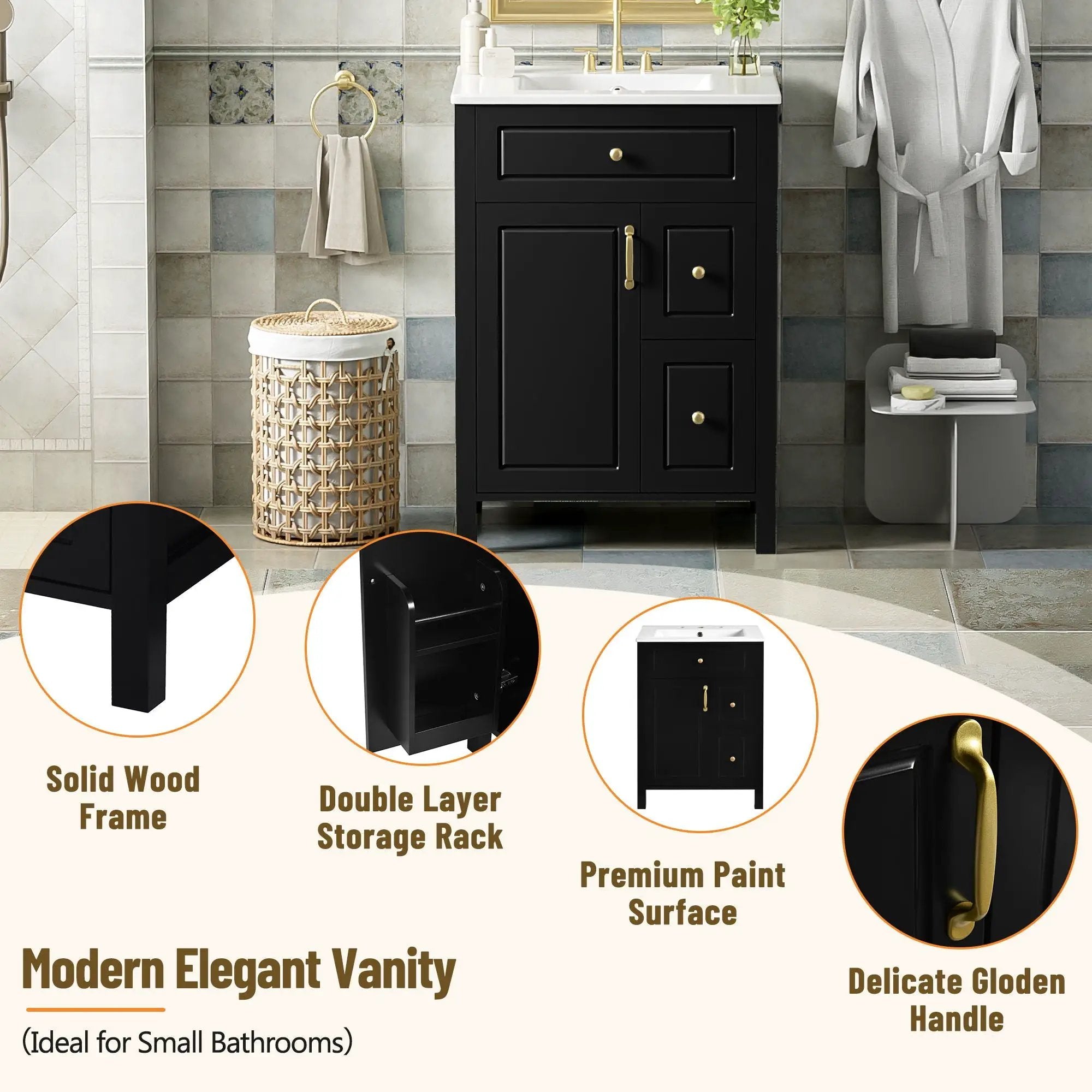 Elegant Bathroom Vanity With Ceramic Sink, Soft Close Doors And Drawers, Double Storage Racks by HouseOfZazla