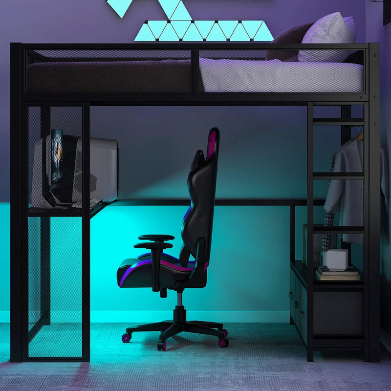 Full Size Gaming Loft Bed With LED Desk, Open Wardrobe, 3 Linen Storage Drawers - Black by HouseOfZazla