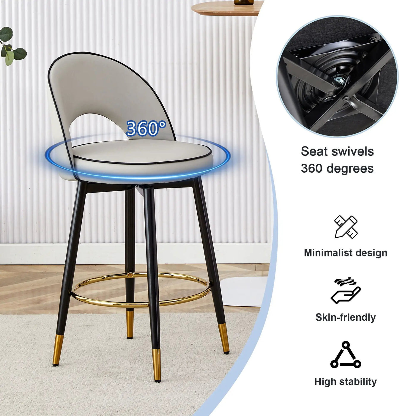 Modern Upholstered 360° Rotatable Bar Chair With Metal Legs For Dining Room (Set of 2) by Unique Piece Furniture