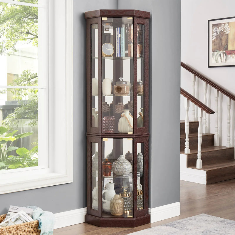 Corner Glass Cabinet Lighted Curio Cabinet in Dark Cherry by HouseOfZazla