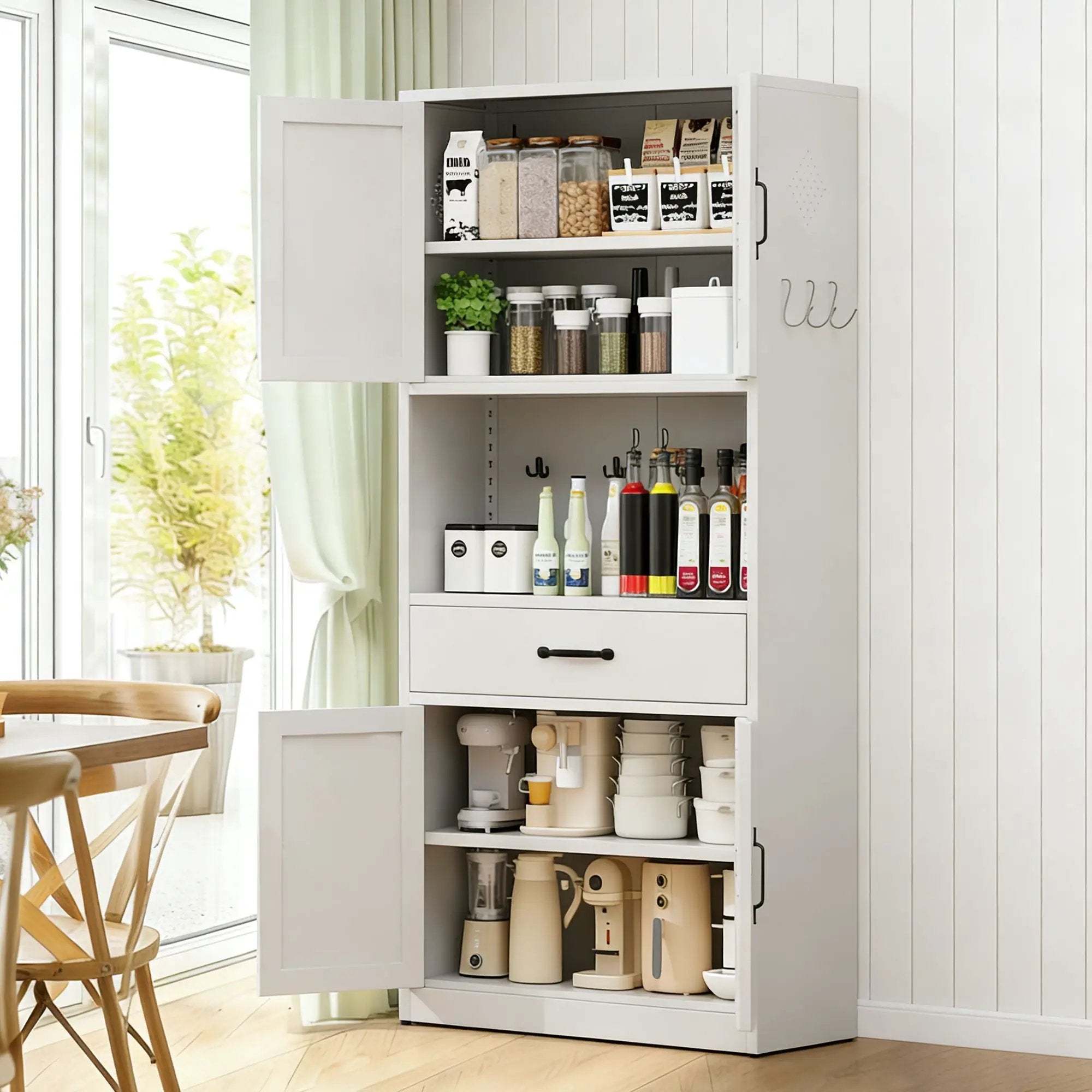 Kitchen Pantry Cabinet With Adjustable Shelves, Drawers, Hooks And Large Countertop - White by Unique Piece Furniture