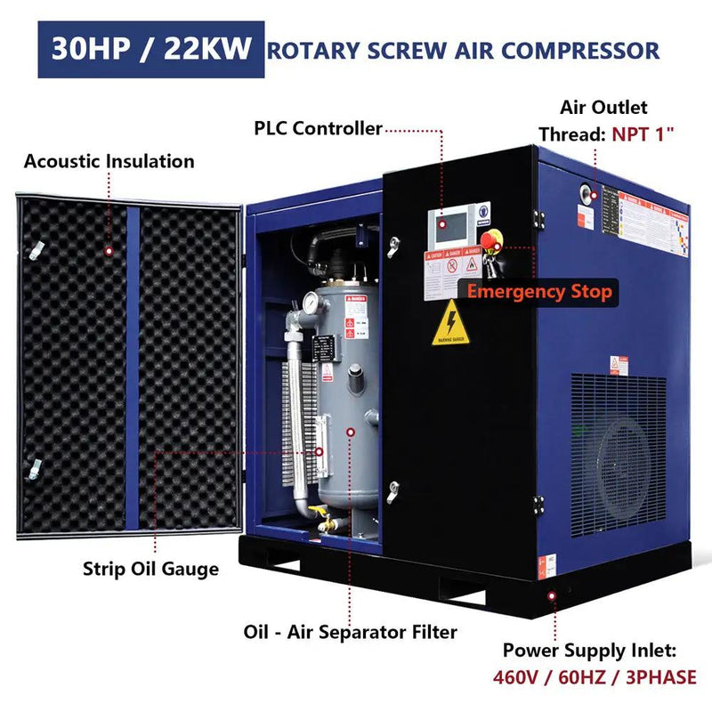 123CFM Rotary Screw Air Compressor, 30HP, 125PSI, 460V 3PHASE 60HZ by Chery Industrial