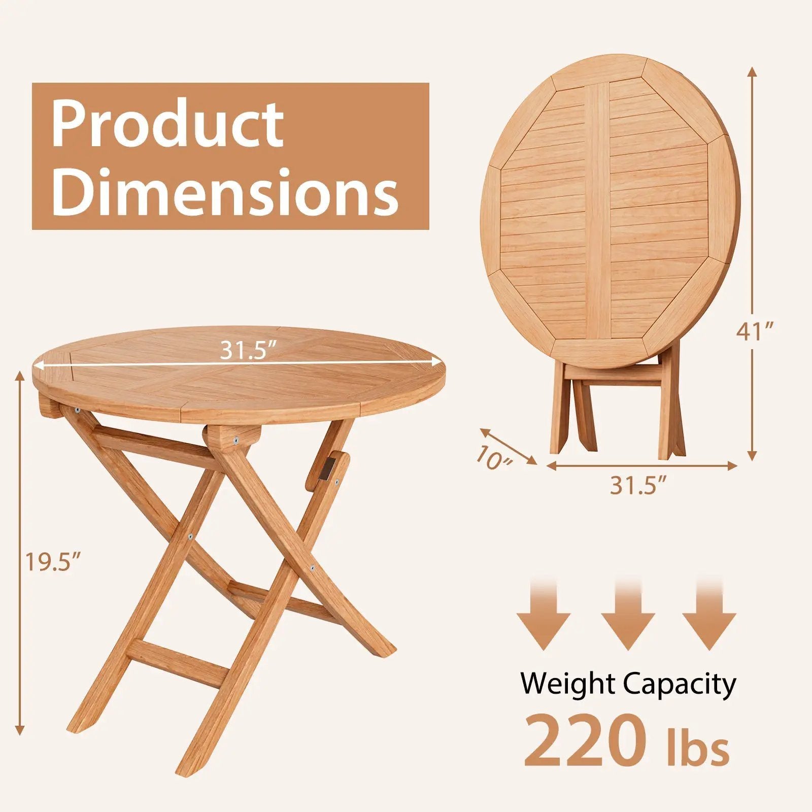 31.5 Inch Folding Patio Indonesia Teak Wood Round Coffee Table by DirectDeals