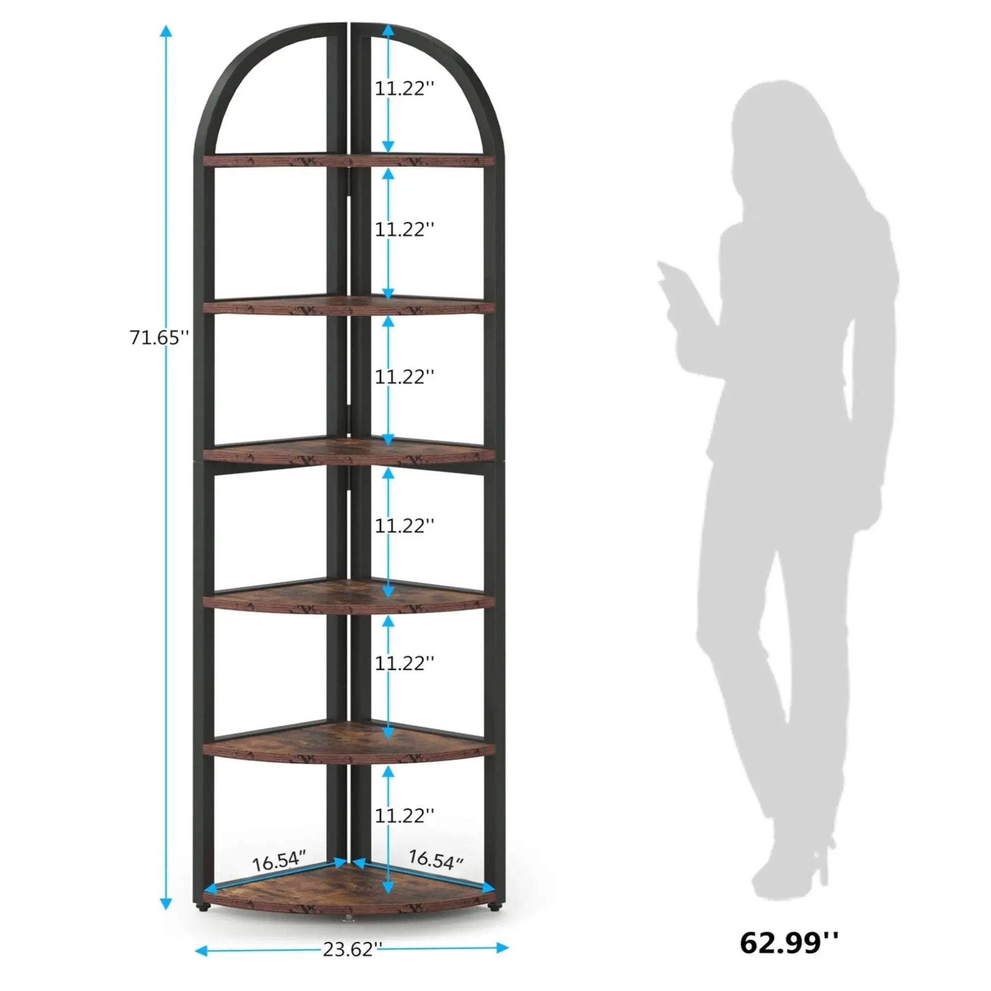 Tall 6 Tier Corner Shelf, Freestanding Bookshelf For Living Room - Rustic Brown by HouseOfZazla