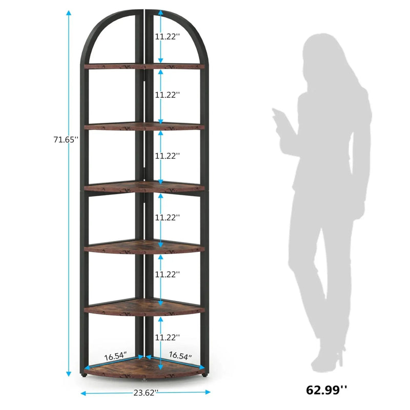 Tall 6 Tier Corner Shelf, Freestanding Bookshelf For Living Room - Rustic Brown by HouseOfZazla