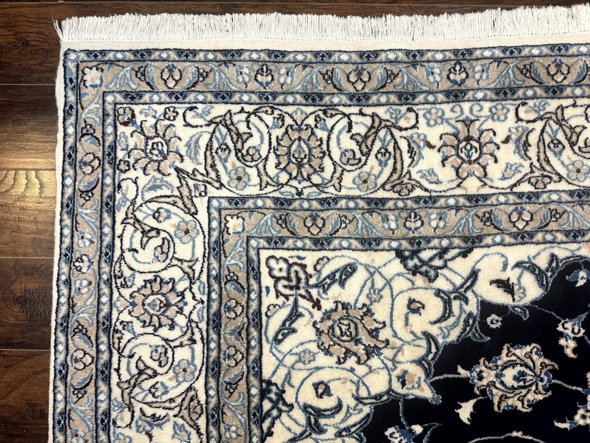 Persian Nain Rug 8x11, Navy Blue and Ivory, Handmade Wool Vintage Carpet, Floral Medallion by Jewel Rugs