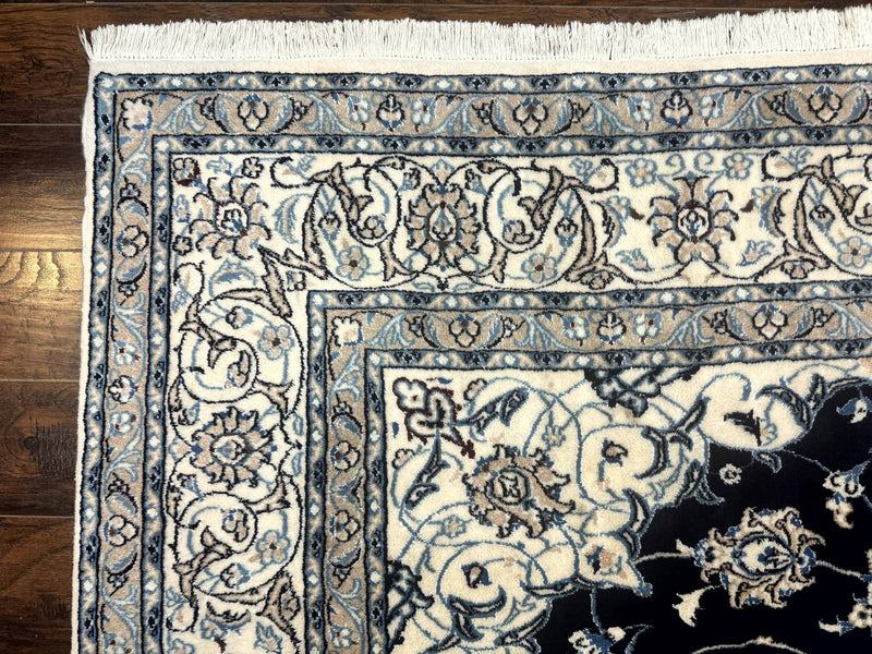 Persian Nain Rug 8x11, Navy Blue and Ivory, Handmade Wool Vintage Carpet, Floral Medallion by Jewel Rugs