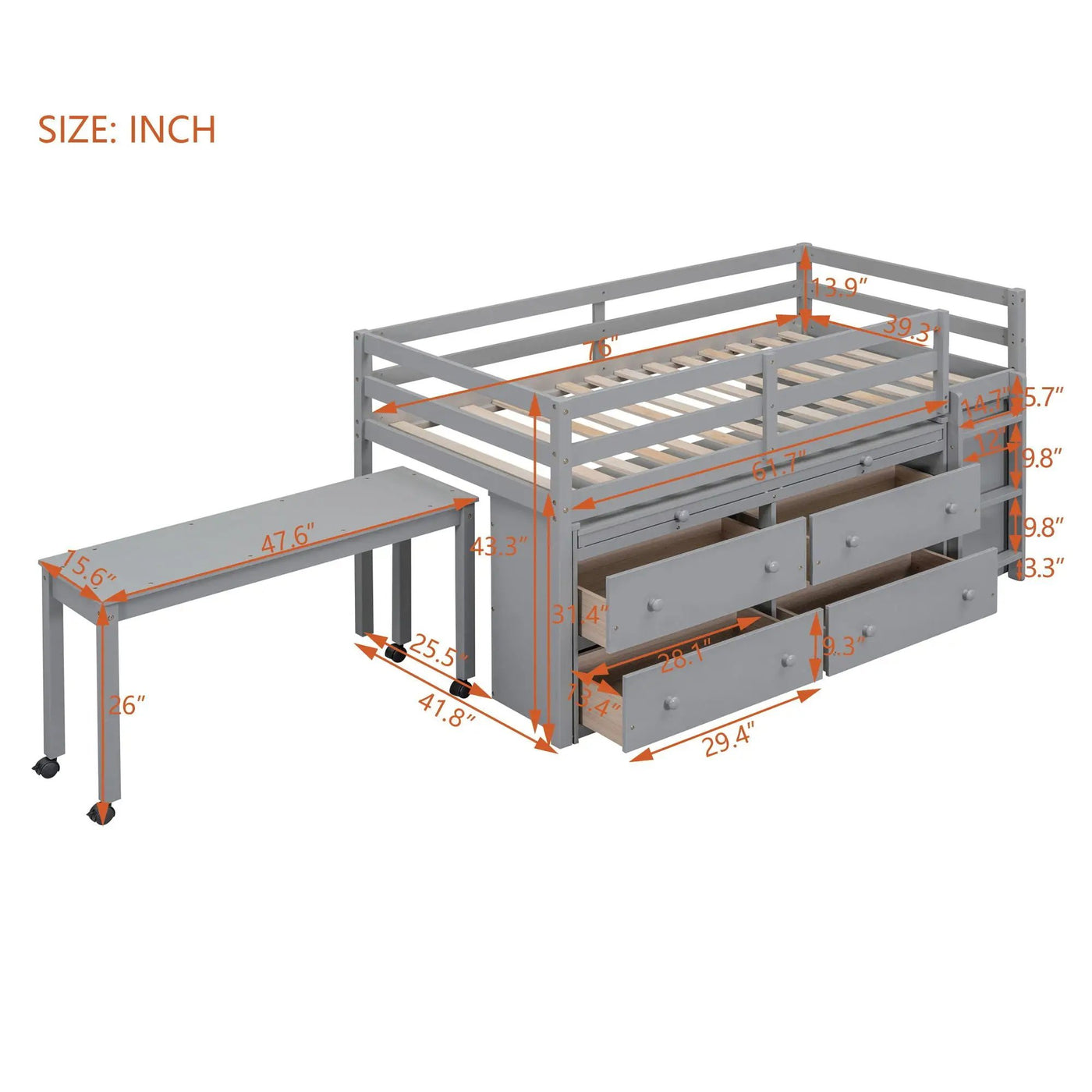 Loft Bed With Retractable Writing Desk And 4 Drawers, With Lateral Portable Desk And Shelves by Unique Piece Furniture