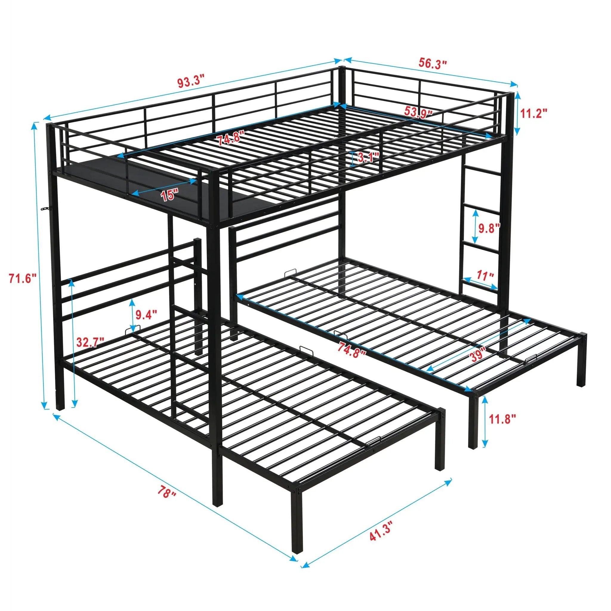 Modern Metal Triple Bunk Bed With Vertical Ladder, Safety Rail, And Storage Shelf - Black by Unique Piece Furniture