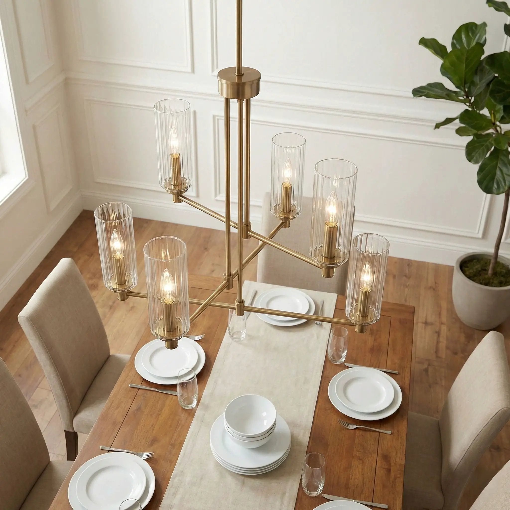 Timeless - 6 Lights Chandelier With Clear Ribbed Satin - Antique Brass / Clear / Gold by Unique Piece Furniture