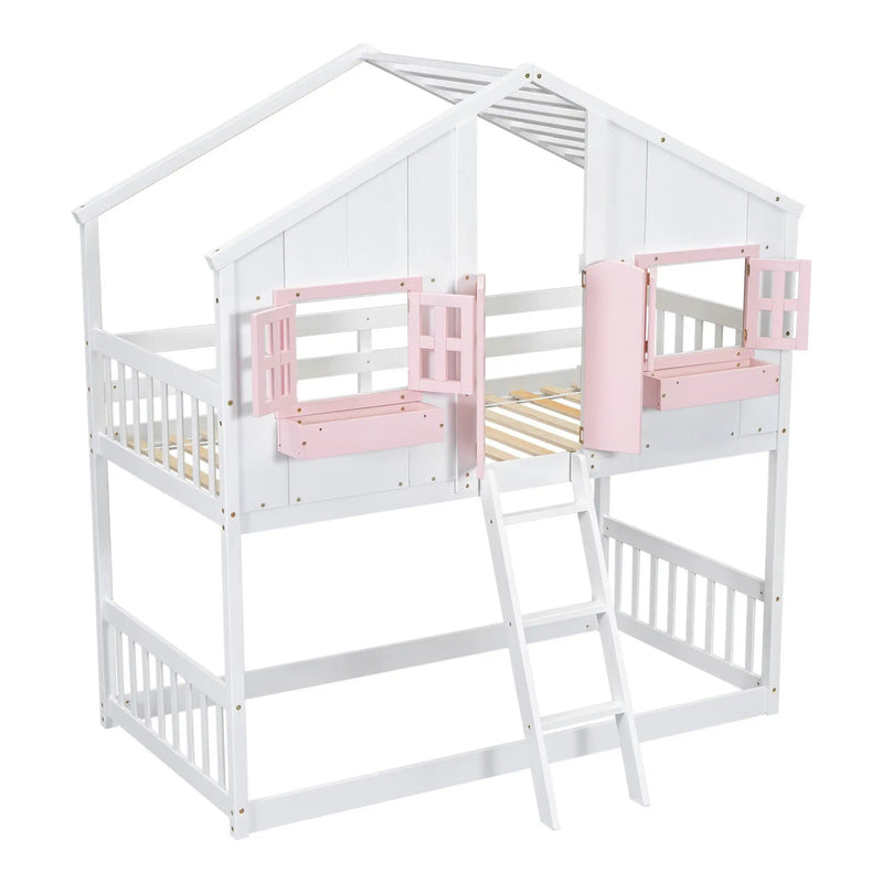 House Bunk Bed With Roof, Window, Window Box, Door, With Safety Guardrails And Ladder by HouseOfZazla