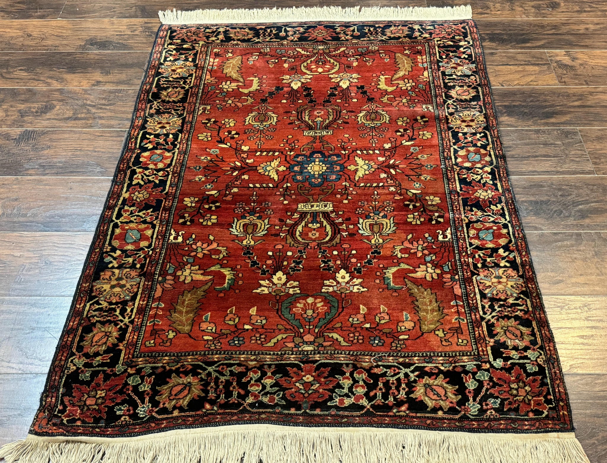 Antique Persian Farahan Sarouk Rug 3.6 x 5, Red, Floral, Traditional Rug, Fine 210 KPSI by Jewel Rugs
