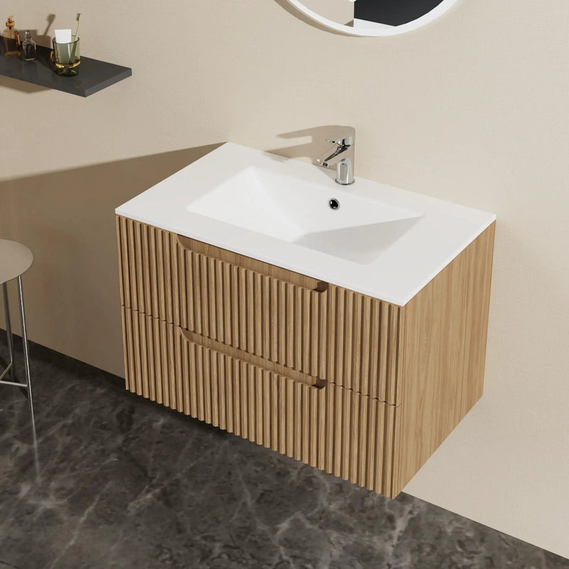 30" Wall Mounted Bathroom Vanity With Sink, Soft Close System, And Spacious Drawers - Walnut by HouseOfZazla