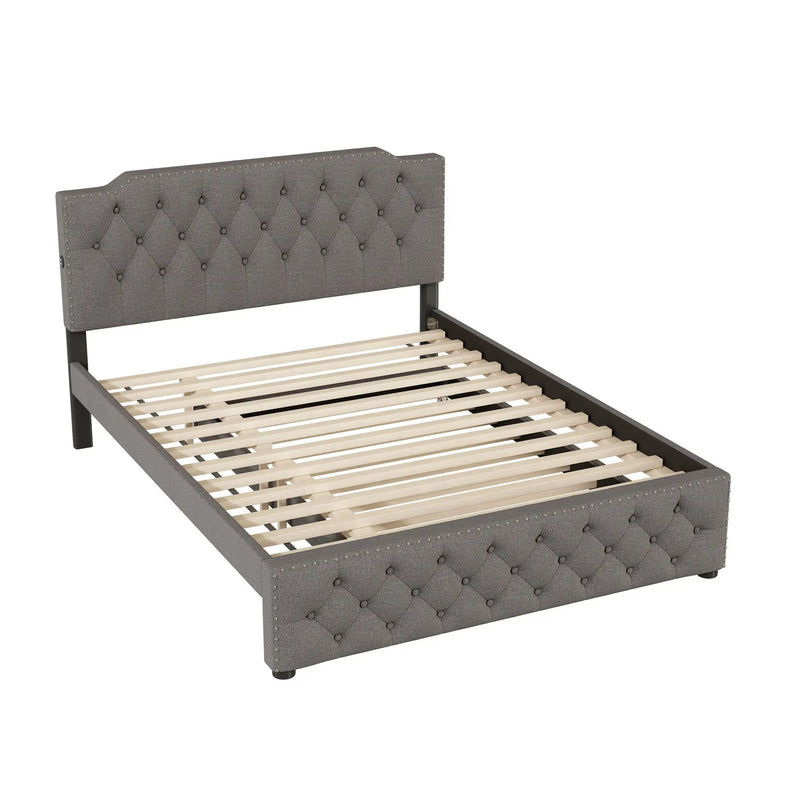 Upholstered Platform Bed With Trundle And 2 Sets Of USB Ports On Each Side, Fabric by HouseOfZazla
