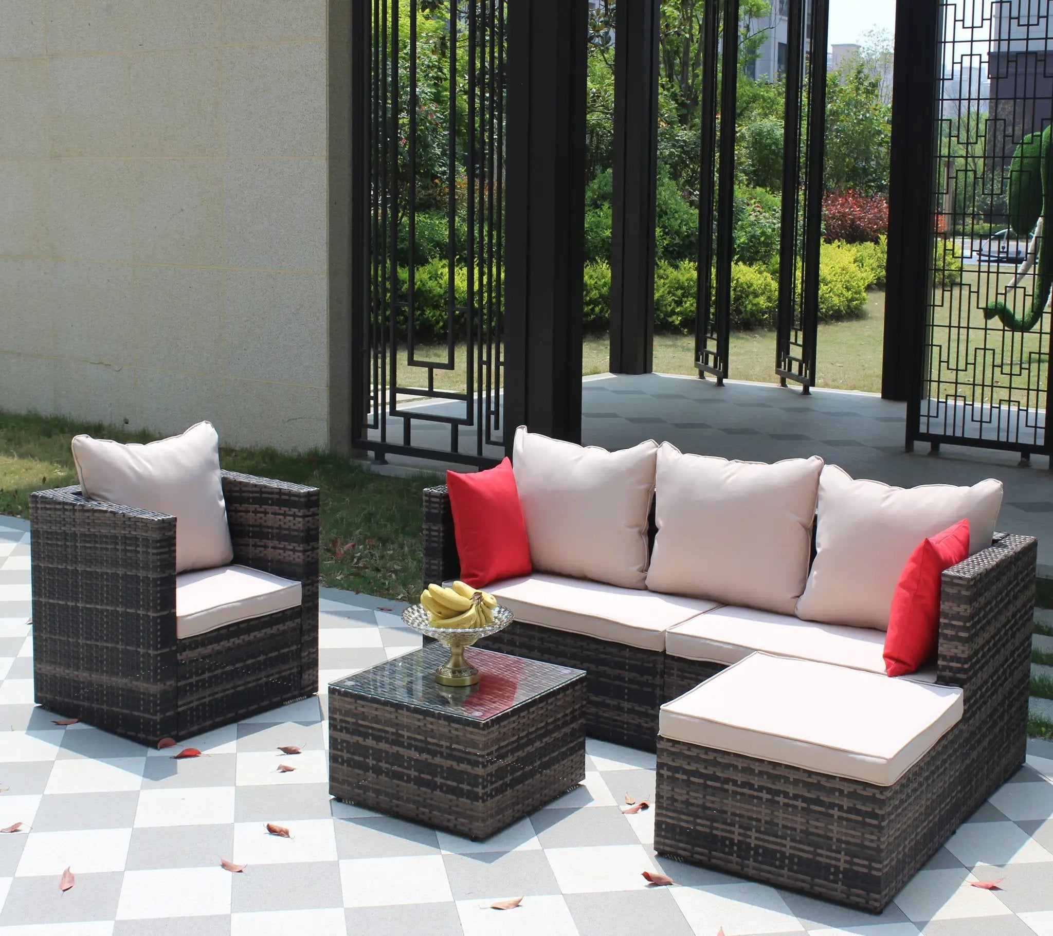 Rattan Patio Furniture Set Wicker Sofa Cushioned Sectional (4 Pieces, Brown) by HouseOfZazla