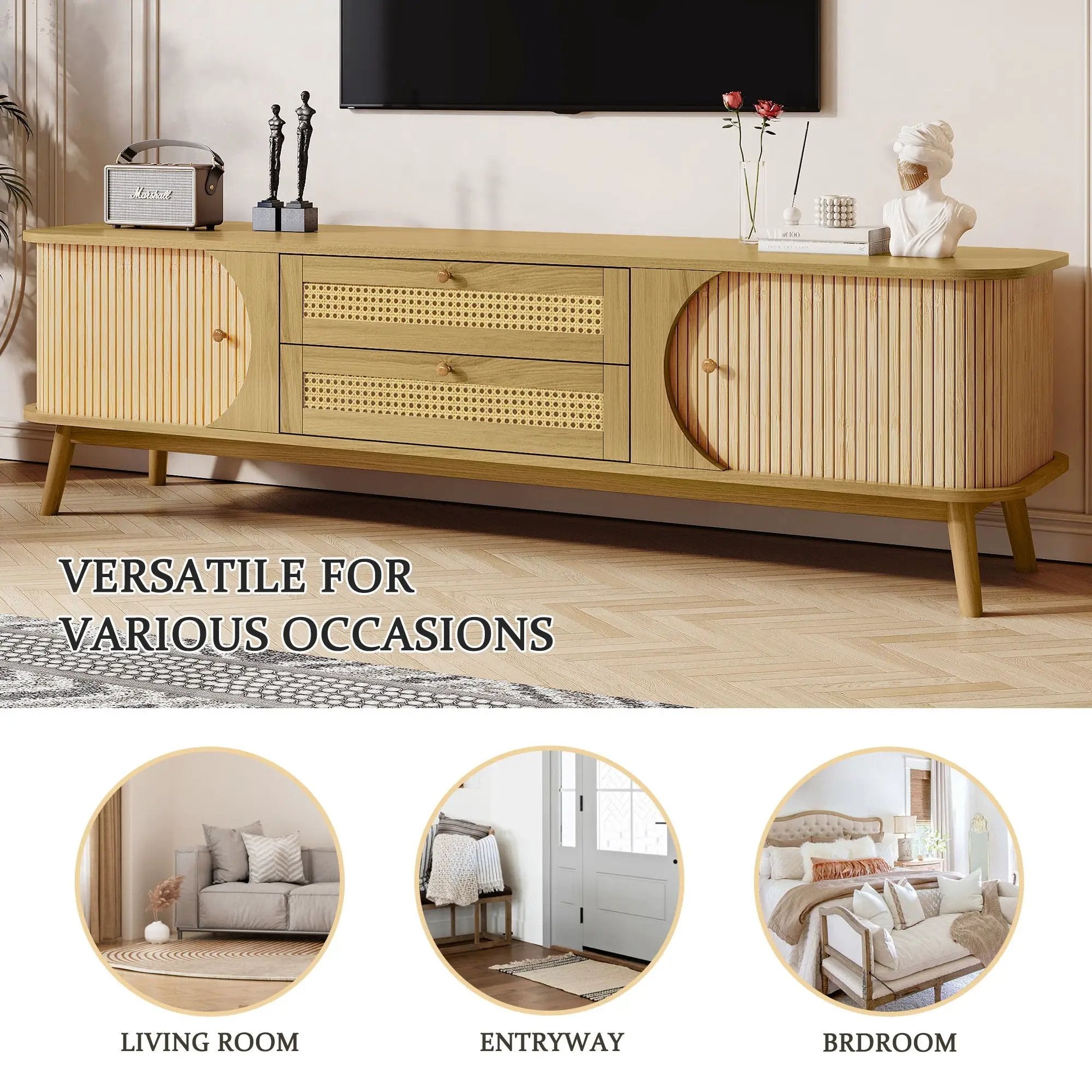 Rattan TV Stand For Tvs Up To 75'', Modern Farmhouse Media Console, Entertainment Center With Legs, TV Cabinet For Living Room, Home Theatre - Natural Wood by Unique Piece Furniture