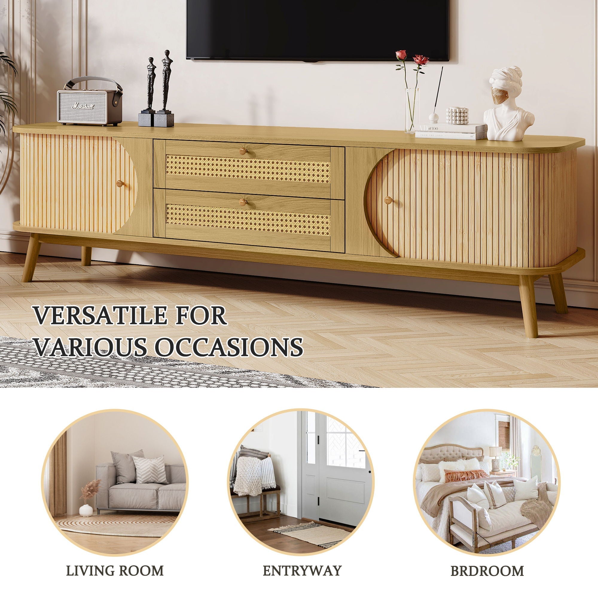 Rattan TV Stand For Tvs Up To 75'', Modern Farmhouse Media Console, Entertainment Center With Legs, TV Cabinet For Living Room, Home Theatre - Natural Wood by HouseOfZazla