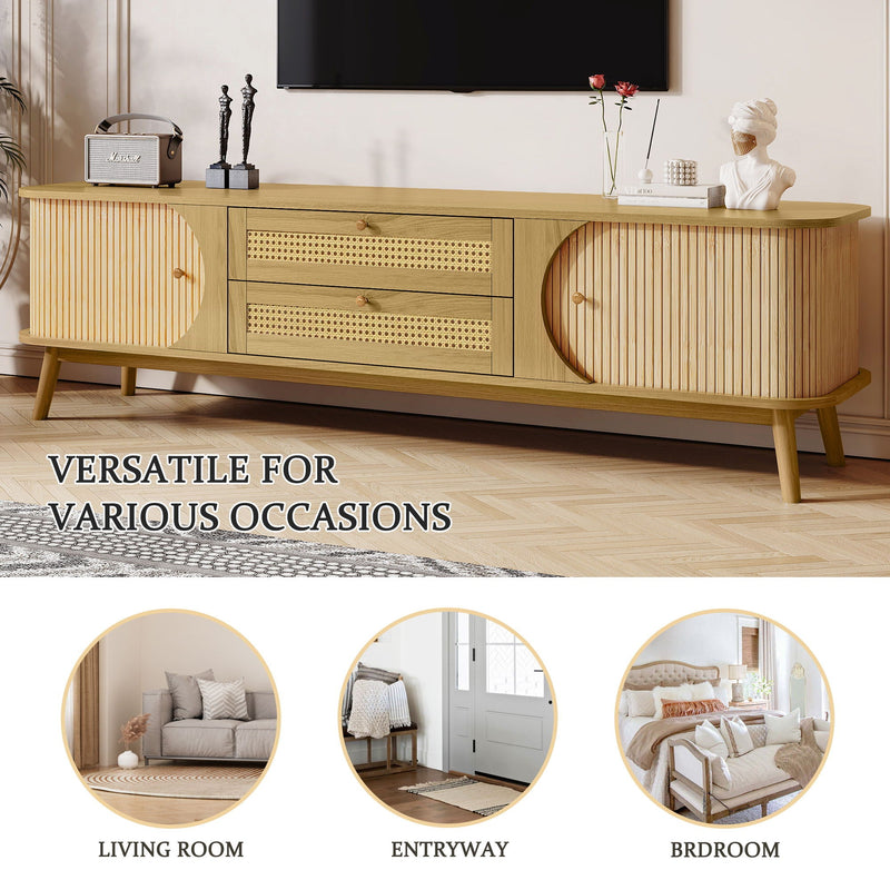 Rattan TV Stand For Tvs Up To 75'', Modern Farmhouse Media Console, Entertainment Center With Legs, TV Cabinet For Living Room, Home Theatre - Natural Wood by HouseOfZazla