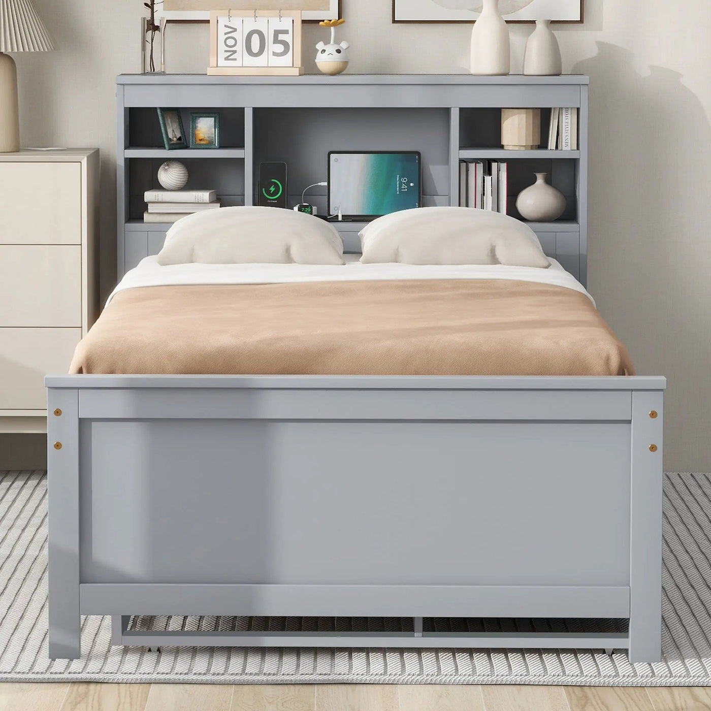 Platform Bed With Storage Headboard, USB, Trundle And 3 Drawers by HouseOfZazla