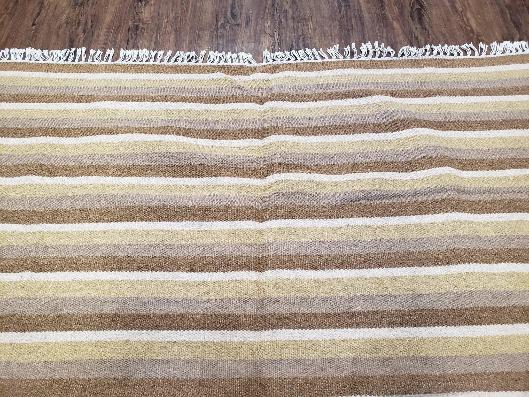 Indian Striped Blanket 6x9, Large Indo Kilim Area Rug, Earthern Tones Woolen Hand-Woven Flatweave South American Style Queen Size Bedspread by Jewel Rugs