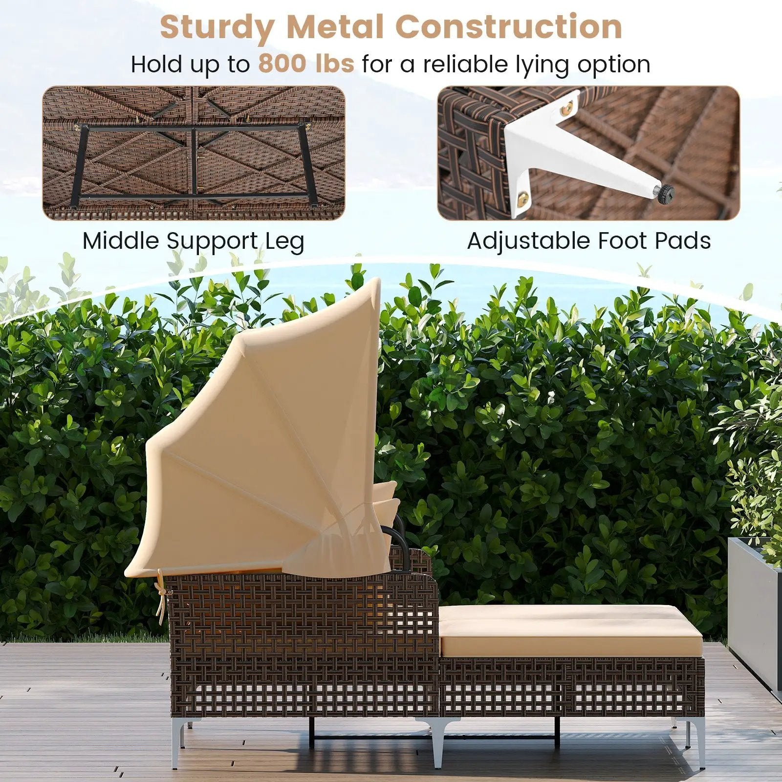 Outdoor Daybed with Retractable Canopy PE Wicker Rattan Patio Lounger by DirectDeals