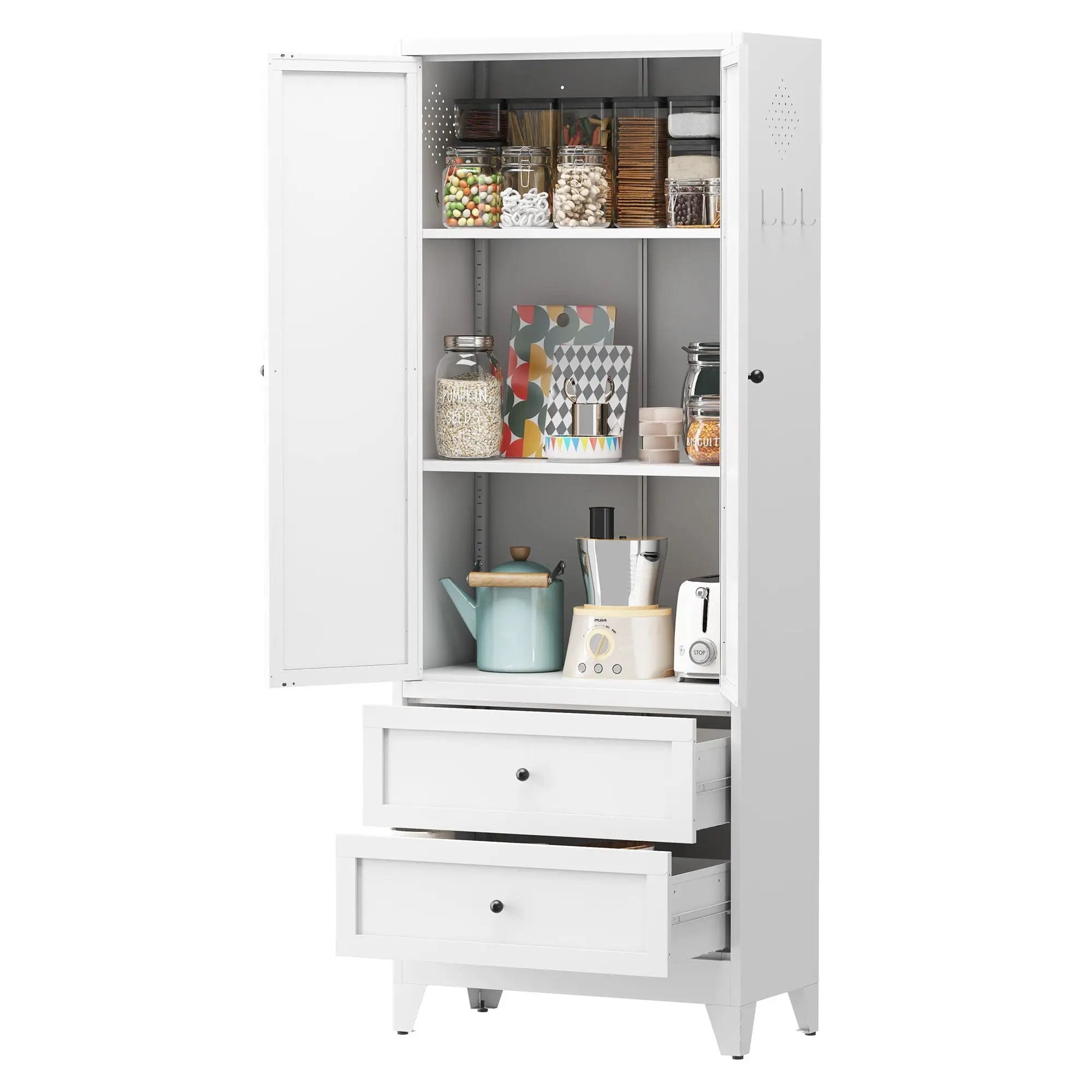 Pantry Cabinet With 2 Drawers, Freestanding Kitchen Storage Cabinet With Adjustable Shelves, Heavy-Duty Organizer For Spices, Dishware, Small Appliances - White by HouseOfZazla