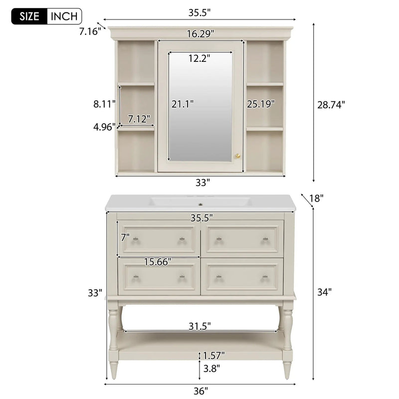 Bathroom Vanity With Medicine Cabinet, Storage Cabinet With 4 Drawers, Adjustable Shelf Mirror by HouseOfZazla