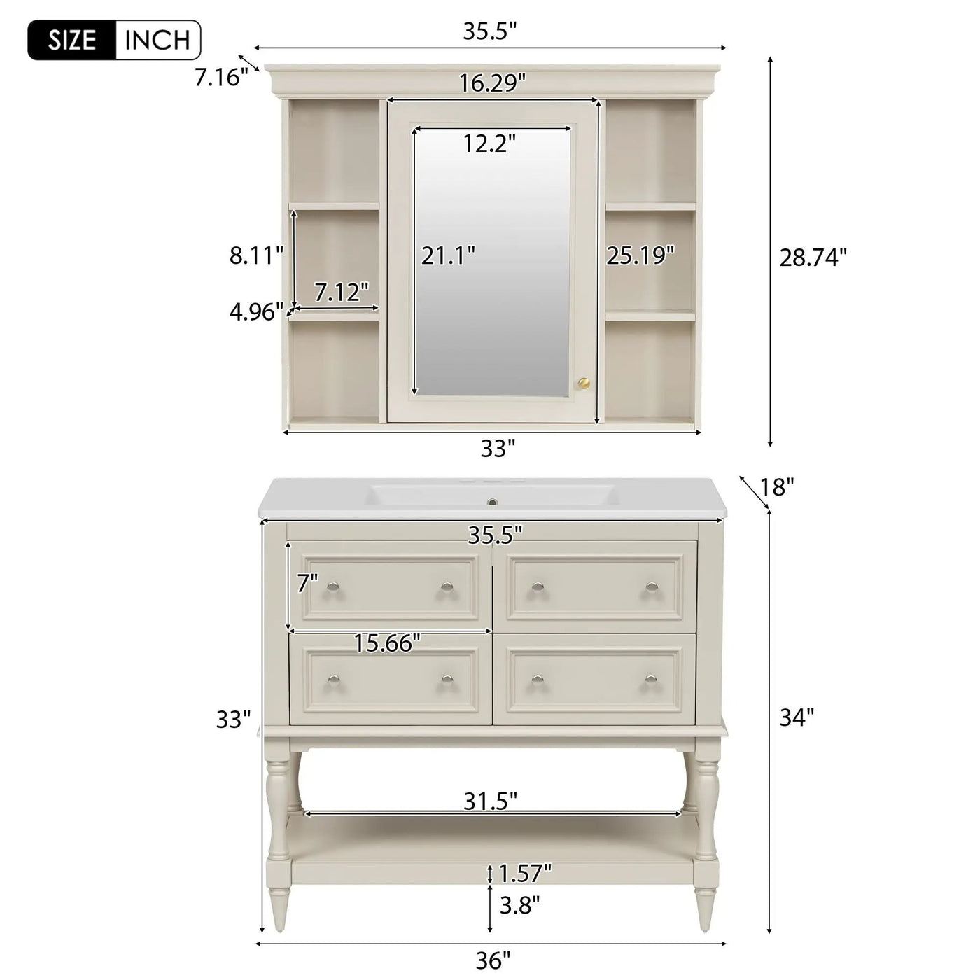 Bathroom Vanity With Medicine Cabinet, Storage Cabinet With 4 Drawers, Adjustable Shelf Mirror by Unique Piece Furniture