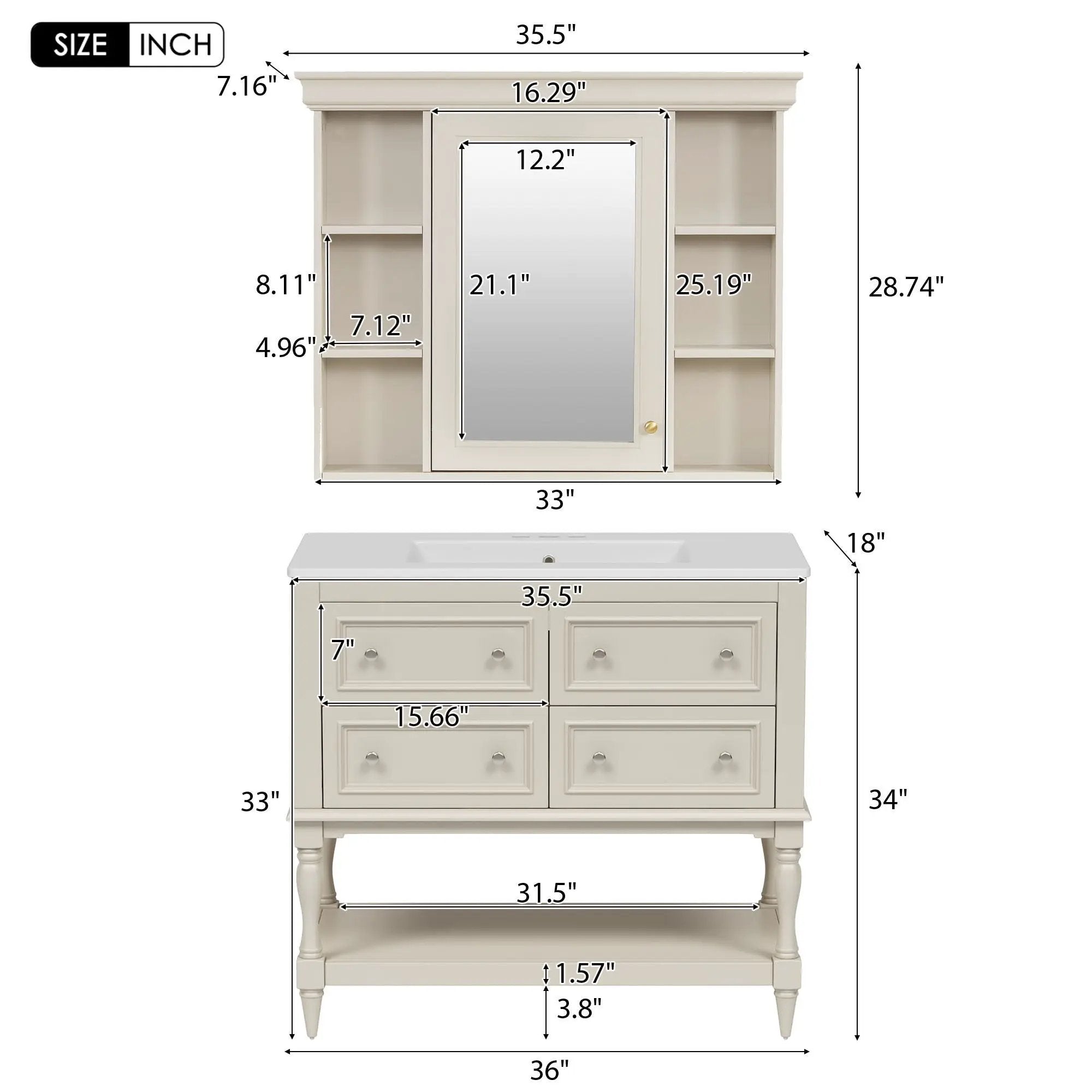 Bathroom Vanity With Medicine Cabinet, Storage Cabinet With 4 Drawers, Adjustable Shelf Mirror by Unique Piece Furniture